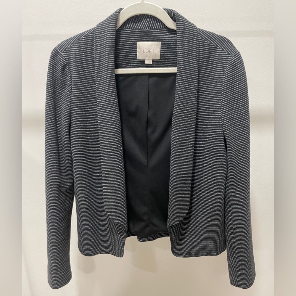 Ann Taylor LOFT Open Shawl Lapel Striped Blazer Black Gray Womens Medium Preppy